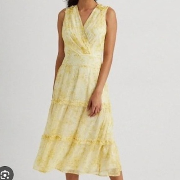 Lauren Ralph Lauren Yellow Floral Georgette Midi Dress - Size 4P - Picture 1 of 7